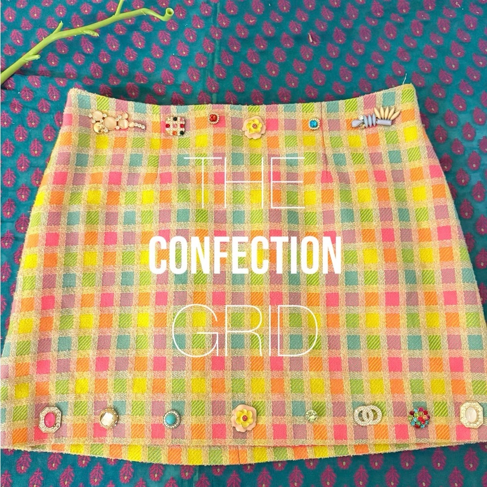 The Confection Grid Pastel Check Embellished Mini Skirt Hand-Adorned Wool